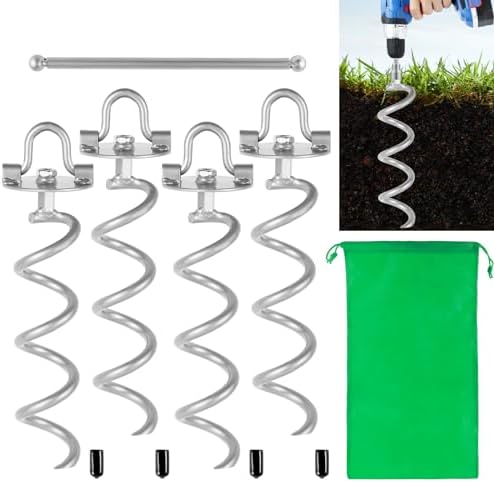 MIXXIDEA 11.4 Inch Gound Anchors Screw in, Metal Spiral Earth Anchors Kit, Heavy Duty Folding Ring Spiral Stake, Silver Ground Stakes for Tent
