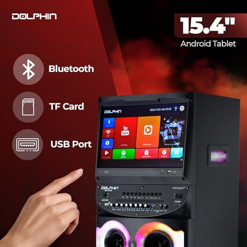 Dolphin Karaoke Machine with 2 Wireless Microphones, Dual 12" Woofers | 200W RMS, 15.4" Touchscreen, Android, Bluetooth, HDMI, WiFi, USB, TF