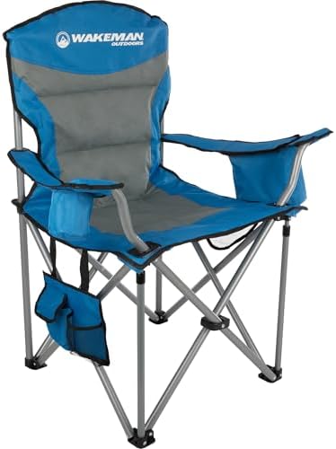 Oversized Camping Chair 300lbs - Heavy Duty Folding Chair with Cooler Pouch and Carry Bag for Camp Sites, Tailgates, or Beach by Wakeman (Blue)