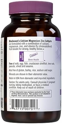 Bluebonnet Nutrition Calcium Magnesium Zinc Plus Vitamin D3, 1000 mg of Calcium, 500 mg of Magnesium and 15 mg of Zinc, 400IU Vitamin D3, For Strong Healthy Bones*, Gluten-Free, Dairy-Fee, 120 softgel | Third-party tested for purity and potency; manufact…