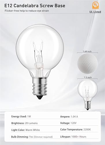 Brightown 25 Pack G40 LED Replacement Bulbs, E12 Base, 2200K, Warm White | Shatterproof Plastic LED Light Bulb, Waterproof, Dimmable, 1.5" Edison Light Bulbs for Indoor Outdoor Patio Backyard Decor