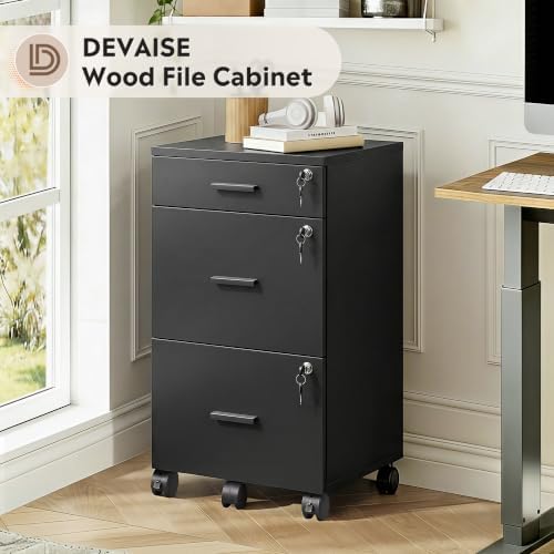 DEVAISE 3 Drawer File Cabinet with Lock & Wheels, Wood Printer Stand | Mobile Filing Cabinet Fits Letter/A4 Size; Rustic Brown Wood Printer Stand Keeps Home Office Files Secure And Organized
