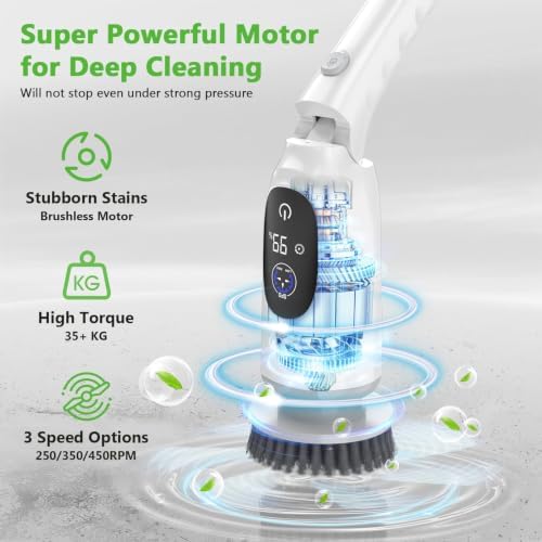 Electric Spin Scrubber, Bathroom Scrubber with Aluminum Alloy Handle | 3H Work Time, Cordless Cleaning Brush with 3-Speed, IPX7 Waterproof