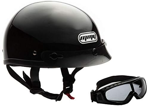 MMG Adult Half Shell Helmet, Motorcycle/Scooter/Moped, Matte Gray, Medium | Lightweight Polycarbonate/ABS half shell, goggles included. Padded washable liner, double D-ring strap. DOT FMVSS-218.