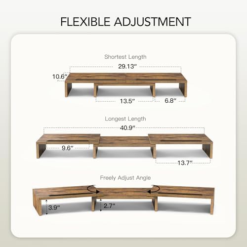 AMERIERGO Dual Monitor Stand Riser- 3 Shelf Screen Stand with Adjustable Length and Angle, 2 Extra Functional Slot Desktop Organizer Stand for PC