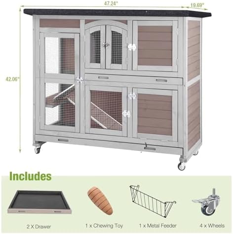 GUTINNEEN Rabbit Hutch Indoor Outdoor Bunny House Guinea Pig Cage on Wheel with Plastic Tray