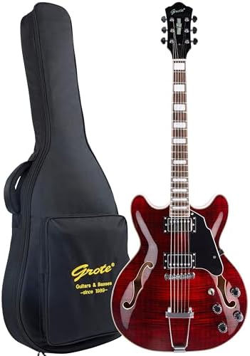 GROTE Jazz Electric Guitar Semi-Hollow Body Trapeze Tailpiece Bridge Guitar Gig Bag (RED)