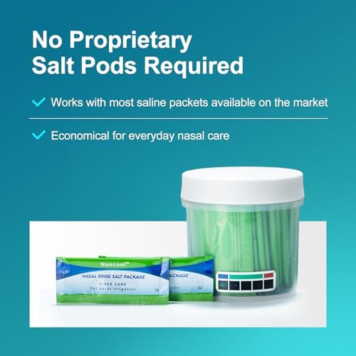 Nascool Electric Nasal Irrigation System with 50 Salt Packets Nose Cleaner | 2 Modes Sinus Rinse Machine with Self-Cleaning Cap, Rotatable Nozzle Base