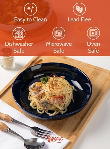 Sweese 22oz Porcelain Pasta Bowls Set of 6-7.6 Inch White Salad Serving Plates, Microwave Dishwasher Safe Dinnerware