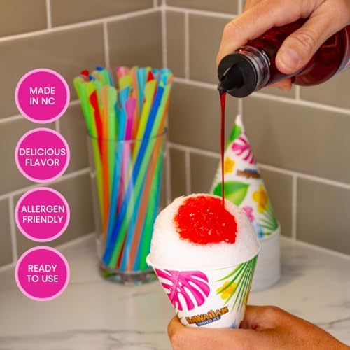 Hawaiian Shaved Ice Syrup Assortment with 3 - 16oz Bottles, 25 Snow Cone Cups, 25 Spoon Straws, and 3 Pouring Spouts. Flavors: Cherry, Blue Raspberry
