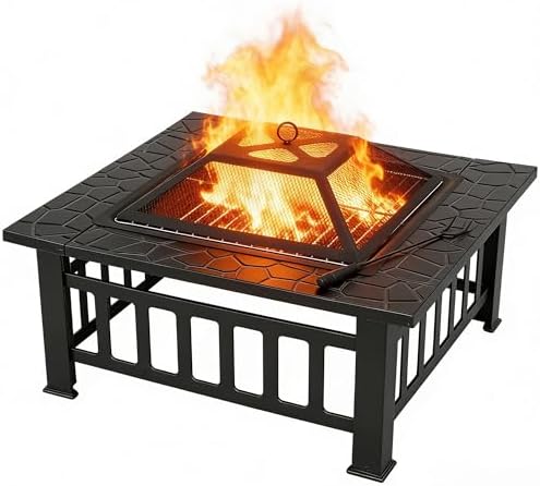ZENY 32 inch Outdoor Fire Pit with Grill for Outside Wood Burning, Square Metal Outside Fireplaces