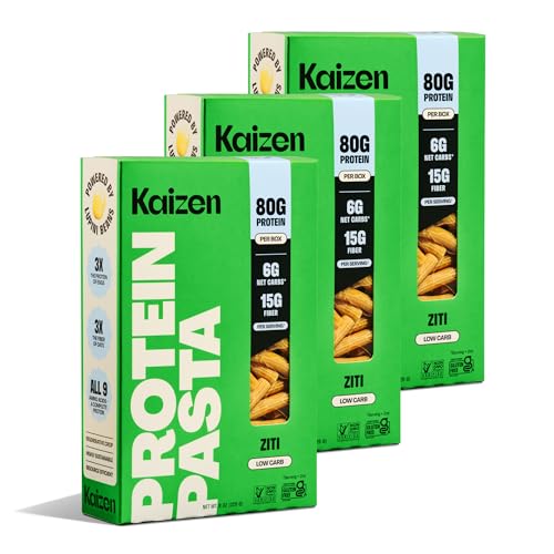 Kaizen Low Carb Pasta, 20g High Protein, 6g Net Carb, Ziti 8 Oz (3-Pack) | High Fiber 15g, Gluten-Free, Keto-Friendly, Plant-Based Lupini Noodles