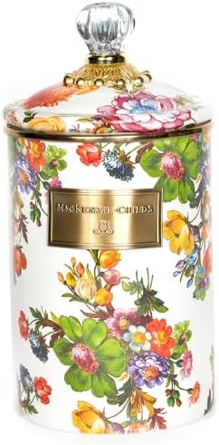 MACKENZIE-CHILDS Enamel Canister, Large, White Butterfly Garden | Hand-applied design, made from enameled steel, versatile kitchen storage container for flour and sugar, 64-ounce capacity