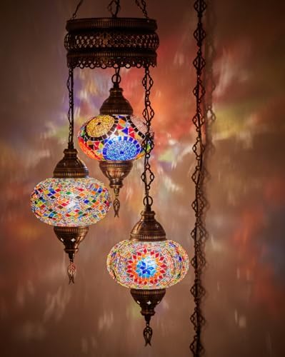 DEMMEX Plug-in Turkish Hanging Lamp, Handmade Moroccan Mosaic Chandelier Pendant Light Fixture with 15-ft Cord & Chain, Decorative Ceiling Lamp for Living Room, Bedroom, 3 Large 7'' Globes, 3.5 ft.