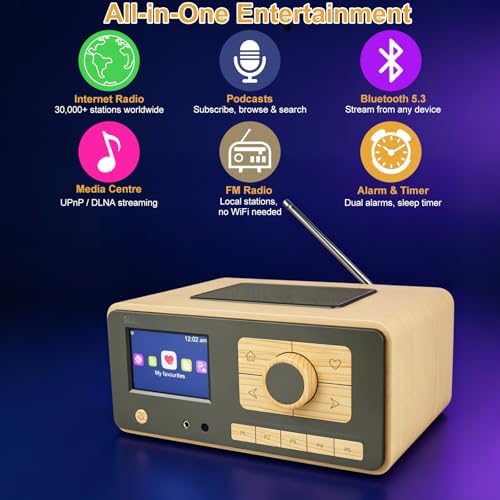 Ocean Digital WR-393 WiFi Internet Radio with FM, Podcast, Bluetooth Speaker, 3.5" Color Display, 30, 000+ Stations, UPnP/DLNA Streaming