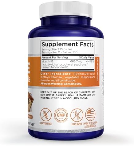 Vitamin E Mixed Tocopherols, Non-GMO Vegan, 200 Veg Capsules - 100 Servings | Plant Based with Gluten Free Formulation, Suitable for Adults