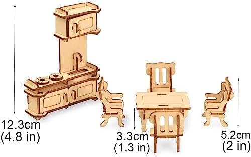 Dollhouse Furniture Set, 34 Wooden Miniatures and Accessories, 1:24 | Laser-cut DIY 3D puzzles, living, dining, kitchen, bath and bedroom pieces
