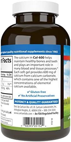 Carlson Cal-600, 600 mg, Calcium, Liquid Filled, 100 Softgels | Bone Support; Healthy Teeth; Optimal Wellness