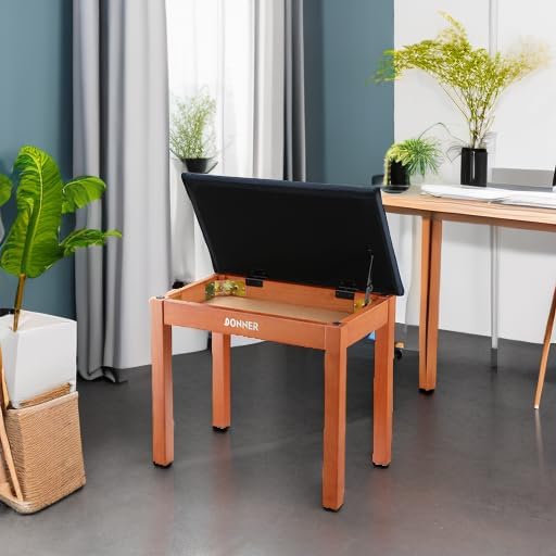 Donner Piano Bench with Storage, Solid Wood Keyboard Bench Piano Bookcase Stool Chair Seat with High-Density Sponges Pad, Black