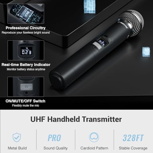 Phenyx Pro Dual UHF Auto Scan Handheld Wireless Microphone System PTU-71-2H | 2 Dynamic Mics, 2 x 100 Frequencies, 328 ft Range, Live Vocals
