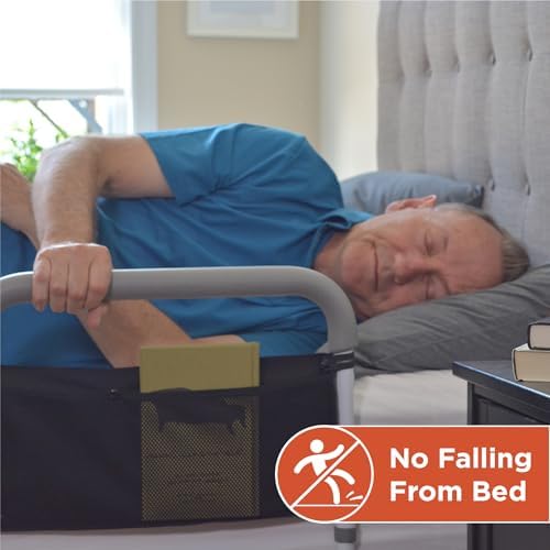Healthcraft Assista-Rail Fixed Bed Rail with Organizer, ASTM Certified | Multiple padded grab bars plus bedside organizer, 300 lb capacity