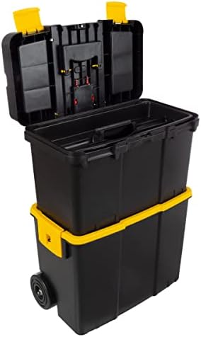 Portable Tool Box on Wheels - Stackable 3-in-1 Chest for Workshops and Craft Rooms - Foldable Comfort Handle and Latches by Stalwart (Black/Yellow)