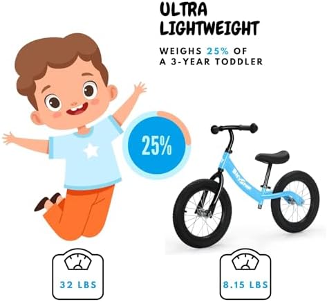 bicystar 14 Inch Balance Bike for Kids 3-5 with Rubber Air Tires, White | lightweight frame, adjustable seat & handlebar, easy assembly, outdoor riding, footrest, no pedals