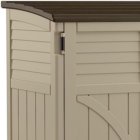 Suncast Horizontal Shed, Compact Outdoor Storage System, 34 Cu. Ft. Capacity, Sand & Slate - Lockable Multi-Wall Resin Organizer for Garbage Cans