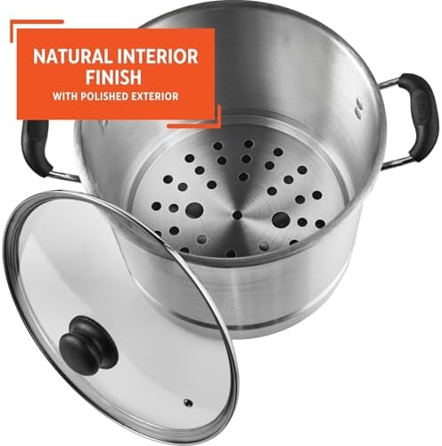 IMUSA USA MEXICANA-410 Aluminum Steamer with Glass Lid 10-Quart, Silver, 10Qt | Brushed Finish, Cool-Touch Handles with Glass Lid, Ideal for Tamales, Great for Family Meals
