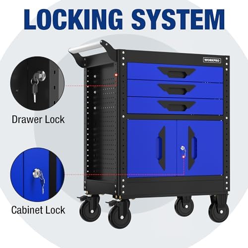 WORKPRO 27.5-Inch Rolling Tool Cabinet, 405 LBS Capacity | Steel Tool Storage Cabinet with PVC Drawer Liners