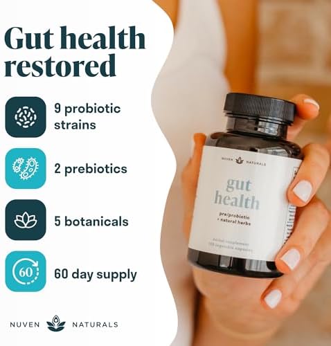 Nuven Naturals All-in-One Gut Health w/Probiotics, Prebiotics, Digestion-Supporting Herbs