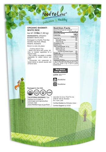 Food to Live Organic White Basmati Rice, 25 Pounds – Non-GMO, Long-Grain Rice Variety, Fragrant, Kosher, Vegan, Bulk. Non-Irradiated. Less Starch.Great for Indian Dishes.