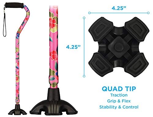 Nova Joy Designer Offset Quad Cane for Seniors - Unisex Adjustable Lightweight Walking Aid with Foam Handle, Wrist Strap and Anti-Rattle Lock - Essential Mobility Support - Maui Flowers