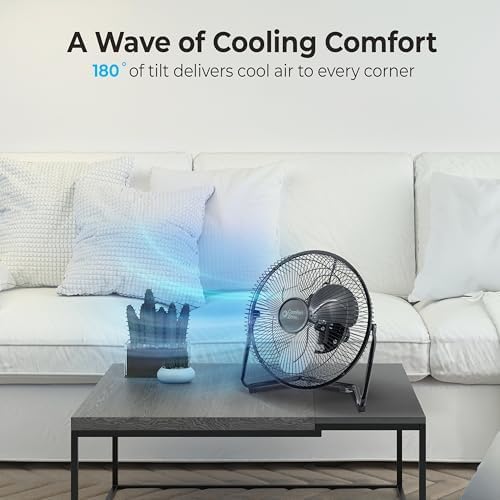 Comfort Zone 9 inch Cradle Fan, 3 Speed Floor or Table Fan with180 Degree Tilt, Metal Construction and Aluminum Blades, Carry Handle, Rubber Feet, Ideal for Bedroom, Workshop, or Garage, Black