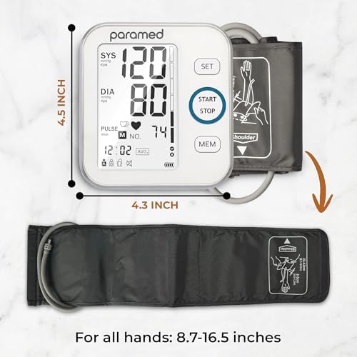 Paramed Blood Pressure Monitor - Bp Machine - Automatic Upper Arm Blood Pressure Cuff 8.7-16.5 inches - Large LCD Display 120 Sets Memory - Device