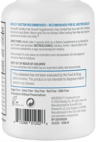 BosleyMD Women’s Healthy Hair Growth Supplements for Thicker, Fuller Hair– DHT-Blocking Botanicals with Biotin, Niacin, Zinc & L-Lysine – Rich in Vitamins & Minerals – 60 Capsules (2-Month Supply)