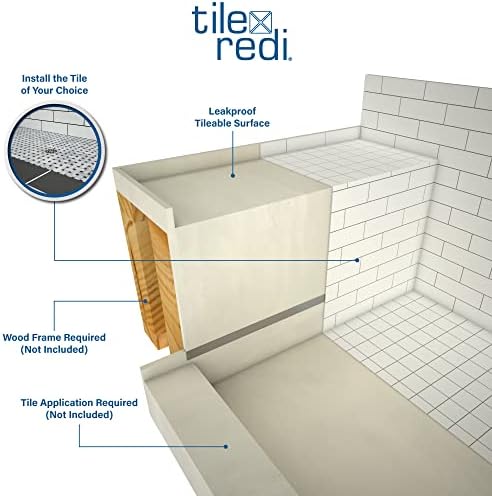 Tile Redi P3648C-RB36-KIT Shower Pan and Bench with Center Drain- Single Curb Shower Base, Bench, 2" PVC Drain, and Plate Included, 60" Width x 36" Depth