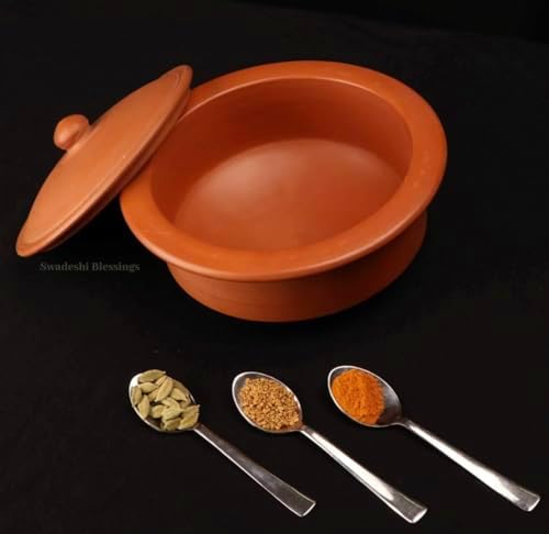 Swadeshi Blessings HandMade Unglazed Clay Pot for Cooking with Lid,2.5L,Red