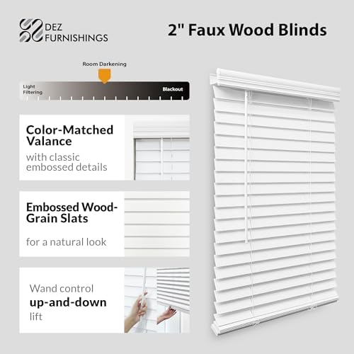 DEZ FURNISHINGS Cordless 2" Faux Wood Blind, 25" W x 64" H, White