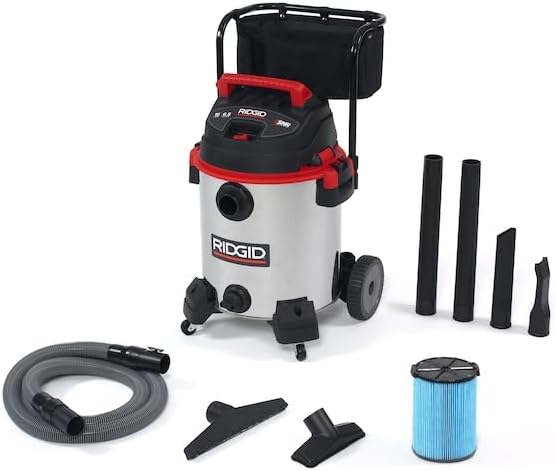 RIDGID 50353 1610RV Stainless Steel 16-Gal. Wet Dry Shop Vacuum with Cart, 6.5 Peak HP Motor, Large Wheels, Pro Hose, Drain, and Blower Port, Red