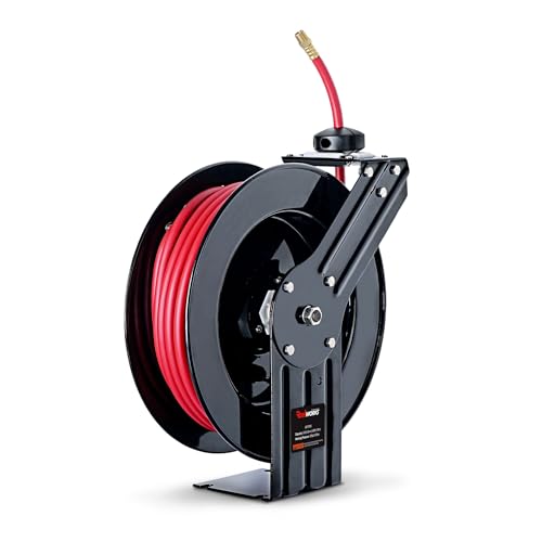 ReelWorks Retractable Air Hose Reel, 3/8" x 50 ft, 300 PSI, Hybrid | Keeps its hybrid hose flexible from -40°F to 176°F for year-round shop use