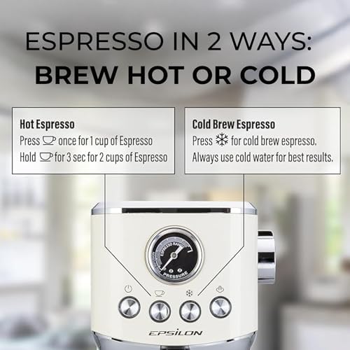 Epsilon Coffee Machine with Milk Frother, Compact 20-Bar Espresso Maker, Hot and Iced Coffee Maker with Removable Water Tank, Cold Brew Feature