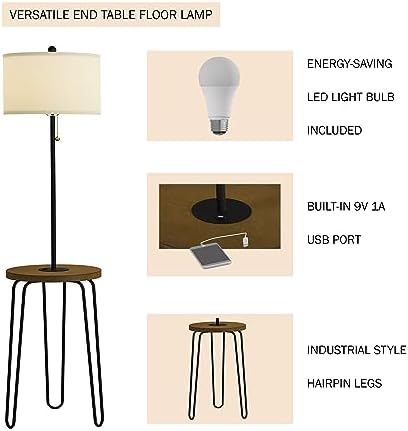 Lavish Home Floor Lamp with Built-In End Table, Brown/Black, 17” x 59” | Modern Side Table with USB Charging Port, LED Bulb, and Hairpin Legs