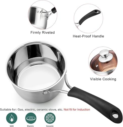 TeamFar 1 Quart Saucepan, Stainless Steel Saucepan with Lid | Small Sauce Pot Milk Pan Cookware for Home Cooking, Non Toxic & Healthy, Easy Clean & Dishwasher Safe