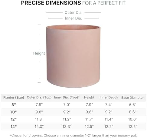 FaithLand 14 Inch Fiberstone Planter - Lightweight Modern Cylinder Plant Pot with Drainage Hole & Plug, Indoor Outdoor Use, Matte White