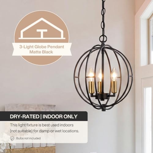 3-Light Farmhouse Chandelier, Black Industrial Metal Globe Pendant Light | Adjustable Hanging Height, for Kitchen Island, Dining Room, Foyer, Entryway