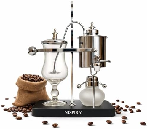 Nispira Belgian Balance Syphon Vacuum Coffee Maker, 500 ml Vintage Gravity Brewing System, Silver Finish, Manual Tabletop Coffee Brewer