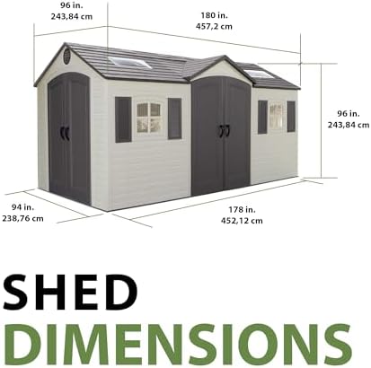 Lifetime 15×8 Ft Dual‑Entry Outdoor Storage Shed, Steel‑Reinforced, UV‑Protected, Weather‑Resistant Backyard Garden Shed with Skylights