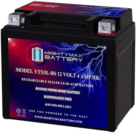 Mighty Max Battery YTX5L-BS -12 Volt 4 AH, 80 CCA, Rechargeable Maintenance Free SLA AGM Motorcycle Battery