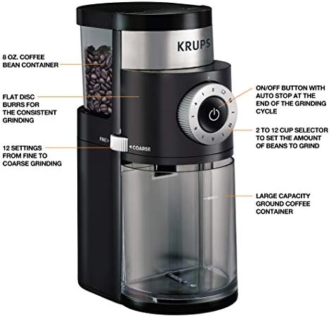 KRUPS Precision Burr Coffee Grinder: 12 Settings, 8 oz Capacity for Drip, French Press, Espresso, Pour Over, Cold Brew - Stainless Steel, 110W, Auto-Stop, Easy Clean - Coffee Grinders for Home Use